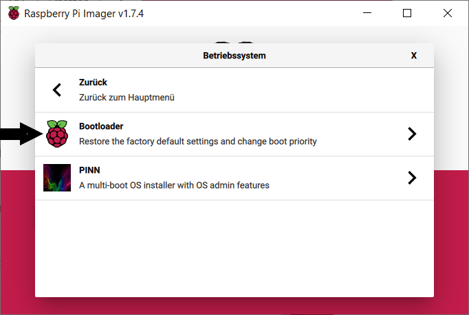 Raspberry Pi Imager Bootloader-Auswahl