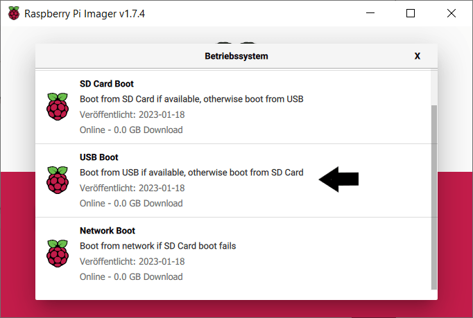 Raspberry Pi Imager USB-Boot-Einstellung