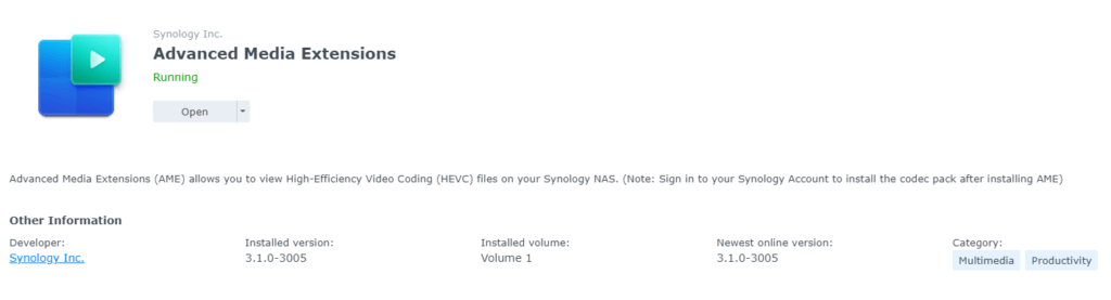 Synology Advanced Media Extensions im Package Center