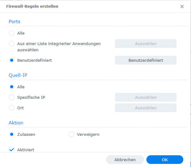 Synology Firewall: neue ICMP-Regel erstellen