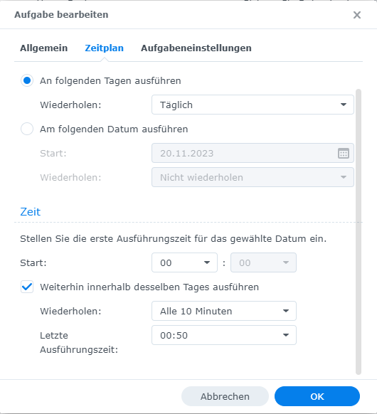 Zeitplan der geplanten Aufgabe: alle 10 Minuten