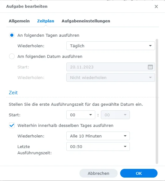 Zeitplan der geplanten Aufgabe: alle 10 Minuten