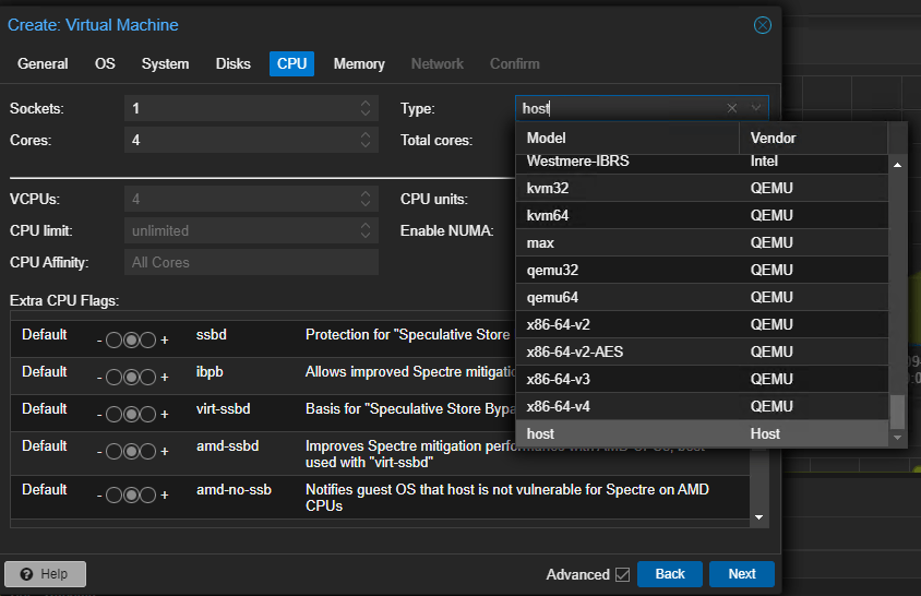 Proxmox VM CPU-Typ auf host setzen