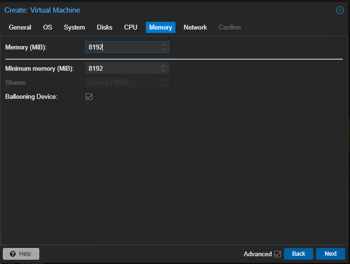 Proxmox VM Memory-Einstellungen fuer unRAID