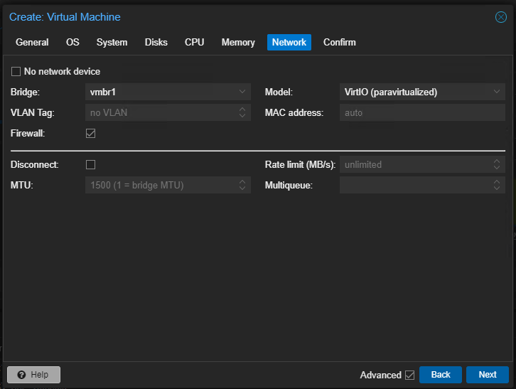 Proxmox VM Netzwerk-Bridge auswaehlen
