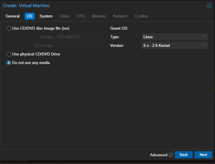 Proxmox VM OS-Einstellungen ohne Media