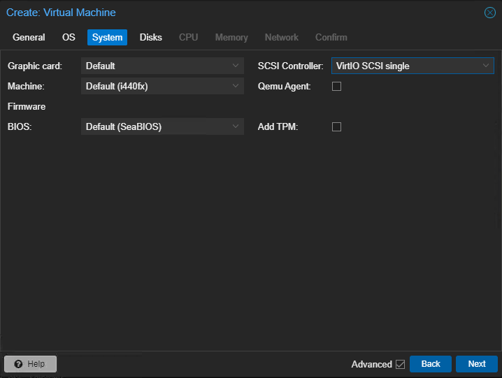 Proxmox VM System-Einstellungen
