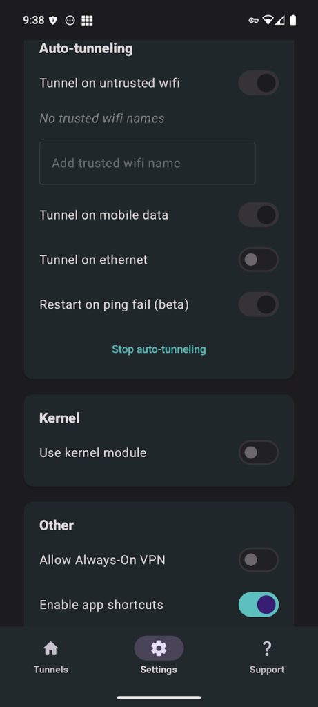 Einstellungen der WG-Tunnel-App mit vertrauenswuerdigen Netzwerken