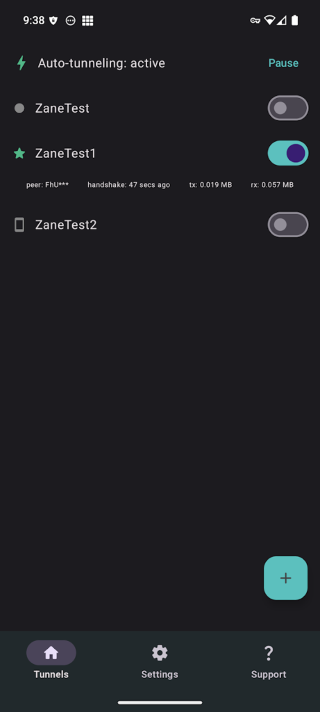 Screenshot der WG-Tunnel-App mit aktiver WireGuard-Verbindung