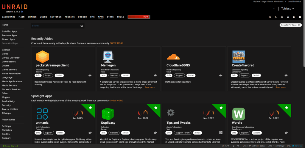 Der App-Store für unRaid: der Apps-Tab des Community Applications Plugins im unRaid-Webinterface