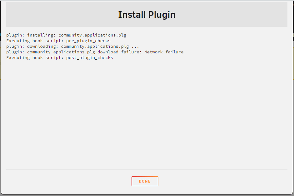 Unraid zeigt beim Installieren des Community Applications Plugins den Fehler Download Failure: Network Failure