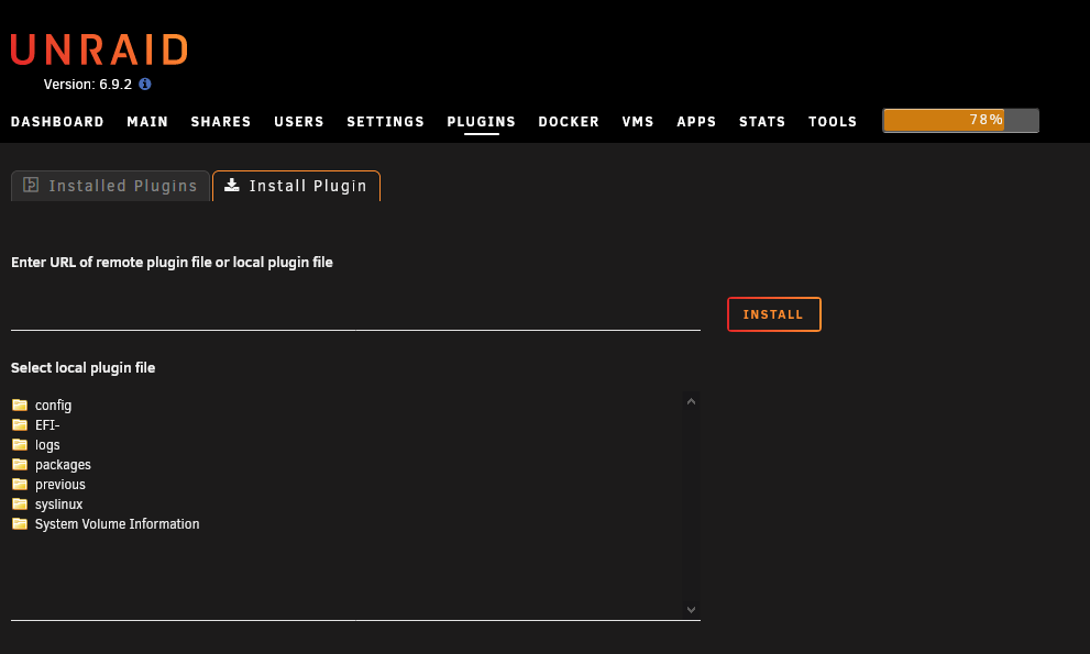 unRaid Weboberfläche: Community Applications Plugin über die Plugin-URL im Reiter Plugins installieren