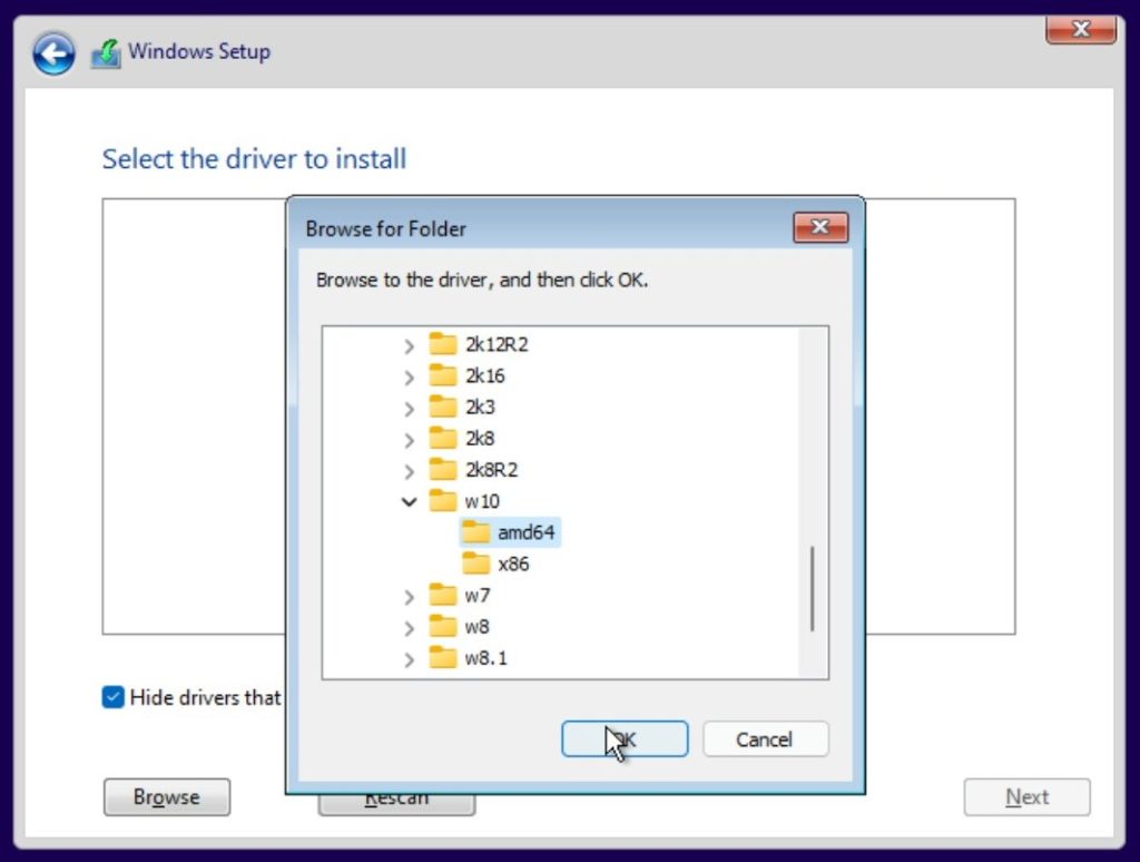 Auswahl des VirtIO-Speichertreibers viostor im Windows-11-Setup