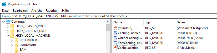 CacheLocation im NT-Format mit dem Wert Backslash-Fragezeichen-Backslash h Doppelpunkt Media