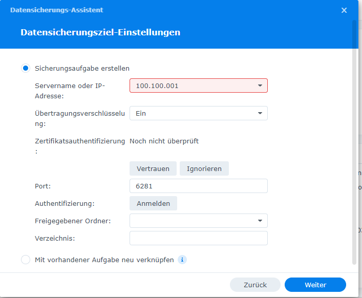 Hyper Backup Aufgabe mit Remote NAS und Tailscale-IP als Ziel