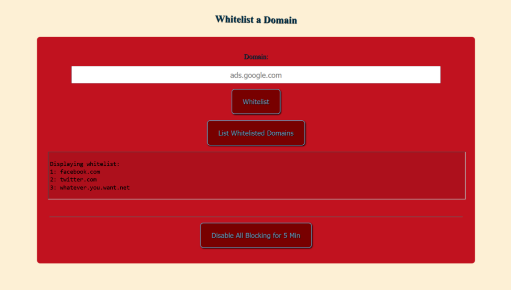 Weboberfläche von Pihole Simple Whitelist zum Freigeben von Domains