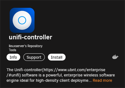Unifi Container im Apps-Tab von Unraid suchen
