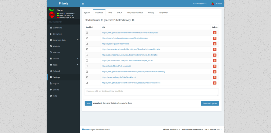 Blocklisten-Verwaltung im Pi-hole Admin-Interface