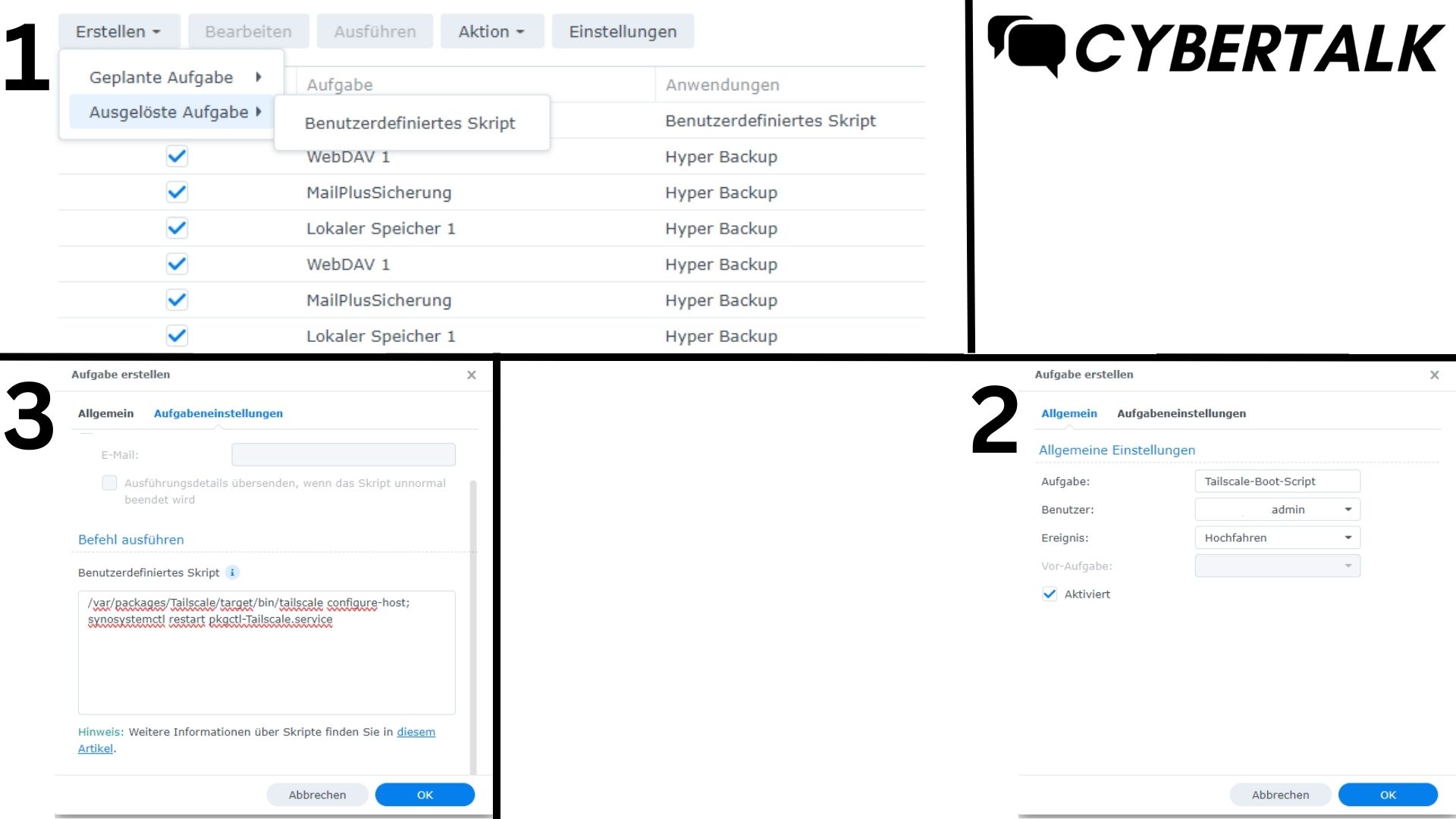 Synology DSM Aufgabenplaner mit ausgeloestem Tailscale-Skript