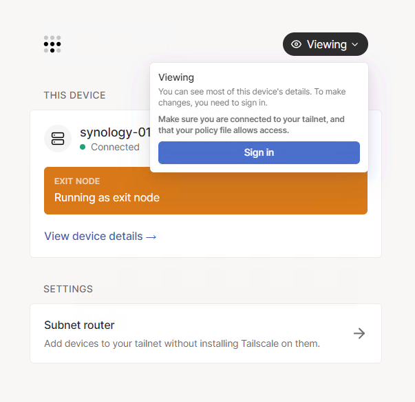 Synology Tailscale settings with accept-dns disabled