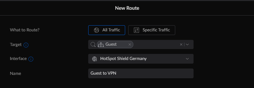 UniFi fertige VPN Route mit Target und Interface
