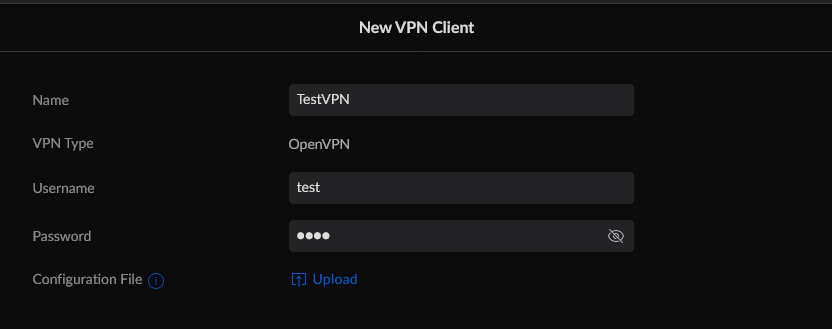 UniFi VPN Client Menü mit Zugangsdaten und OpenVPN Profil