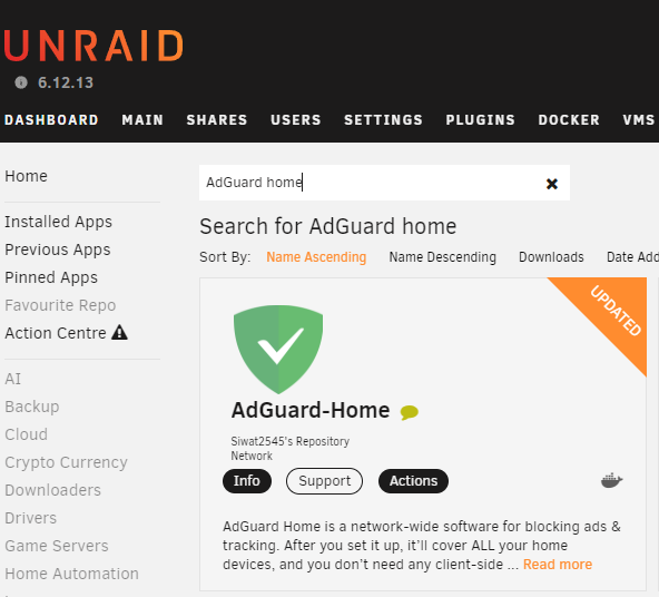 AdGuard Home im unRaid Community Applications Store suchen und installieren