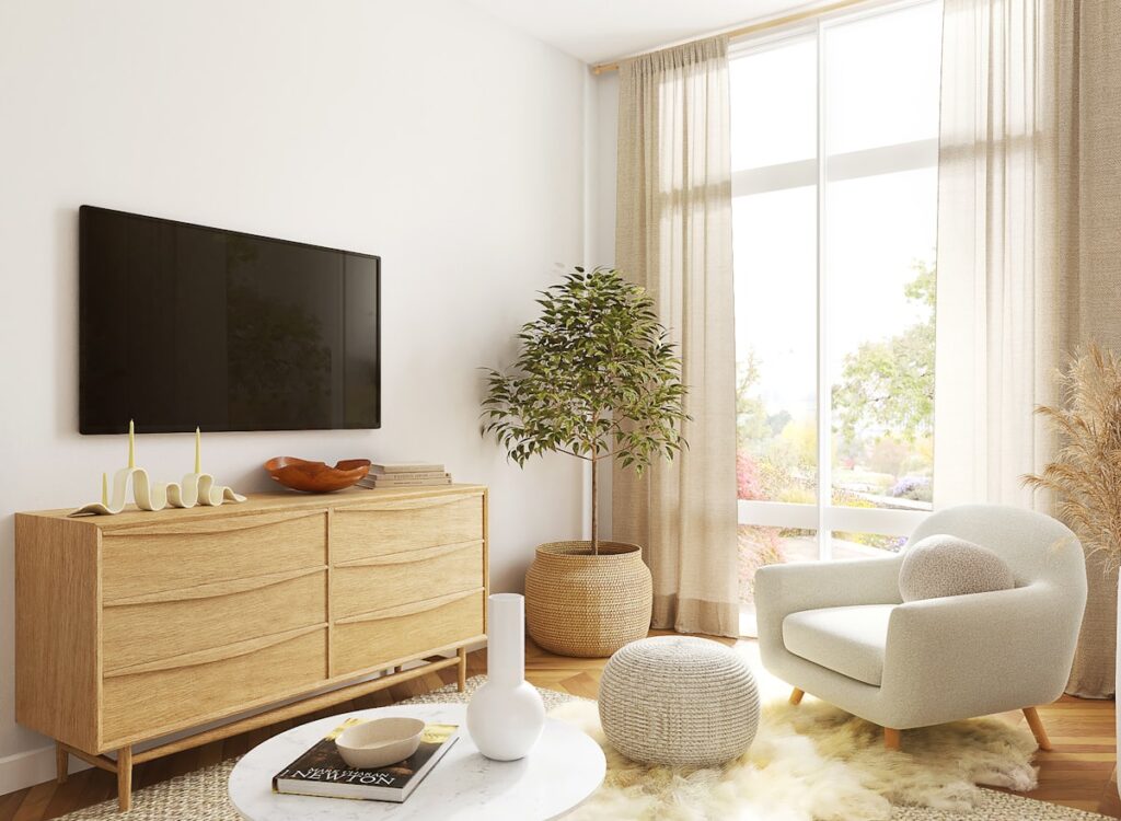 Moderner Flachbildfernseher im Wohnzimmer – Symbolbild Hisense RGB-MiniLED