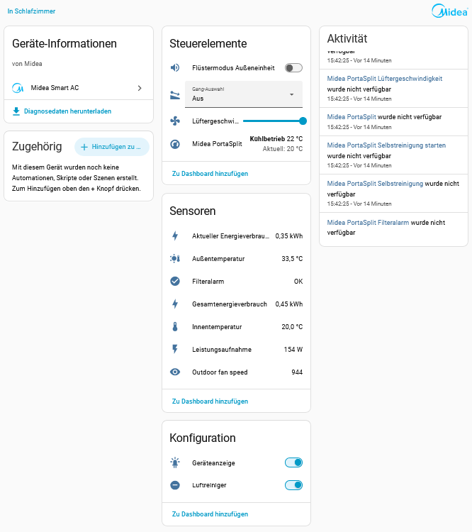 So sieht das Dashboard der Midea Porta Split in Home Assistant aus