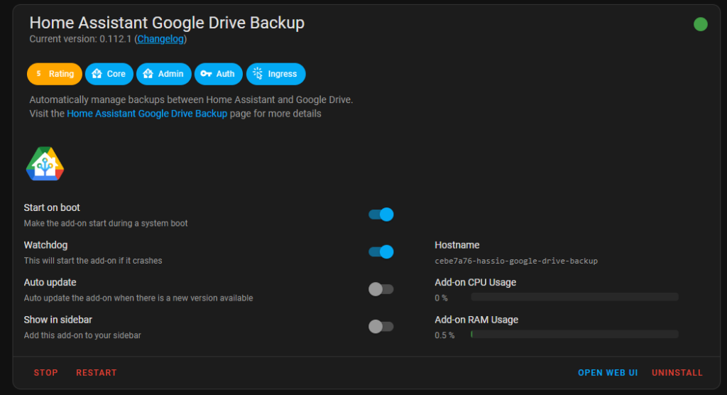 Übersichtsseite des Google Drive Backup Add-ons