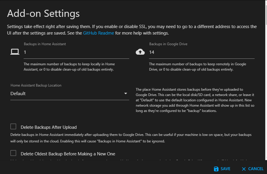 Einstellungen des Google Drive Backup Add-ons