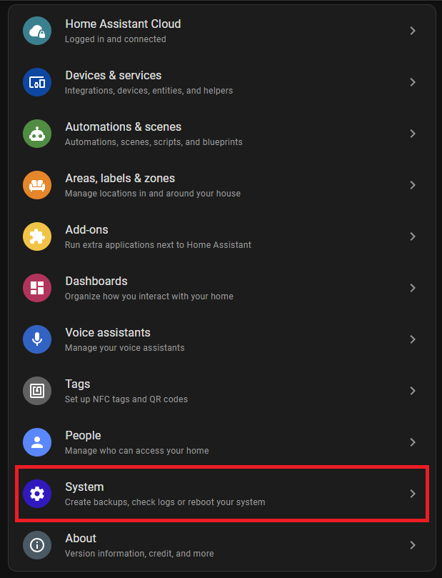 Home Assistant Einstellungen mit Menüpunkt System