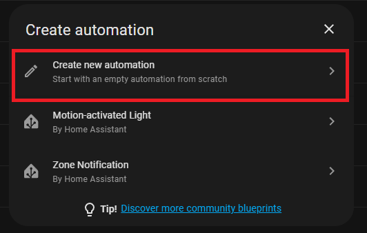 Dialog zum Erstellen einer neuen Automatisierung in Home Assistant