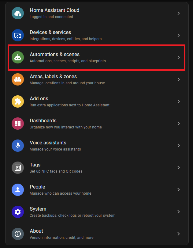 Menüpunkt Automations and Scenes in den Home Assistant Einstellungen