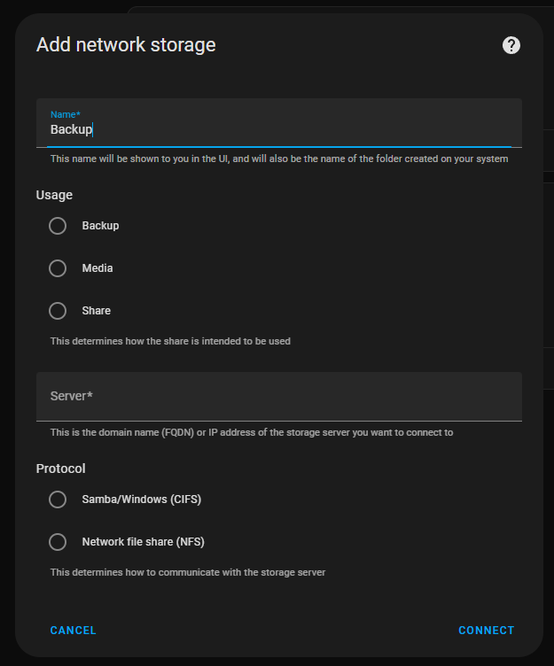 Formular zum Einrichten einer Netzwerkfreigabe in Home Assistant