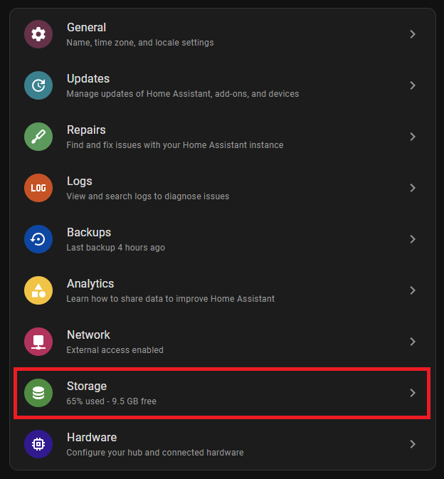 Home Assistant Systemeinstellungen mit Bereich Storage